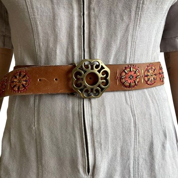 Lucky Brand Womens Brown Leather Multicolor Floral Hippie Western Belt Sz S - Picture 8 of 8